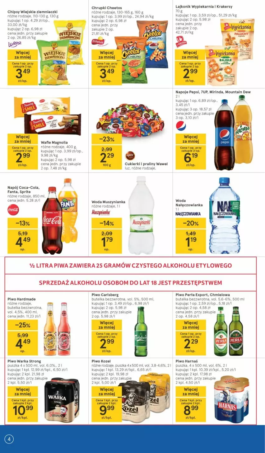 Gazetka promocyjna Tesco - Tesco gazetka - przyszły tydzień - ważna 29.07 do 04.08.2021 - strona 4 - produkty: 7up, Carlsberg, Cheetos, Chipsy, Chrupki, Coca-Cola, Cukier, Cukierki, Gra, Harnaś, Kozel, Krakersy, Lajkonik, Mirinda, Napój, Napoje, Pepsi, Perła, Piwa, Piwo, Por, Praliny, Top, Wafle, Warka, Wawel