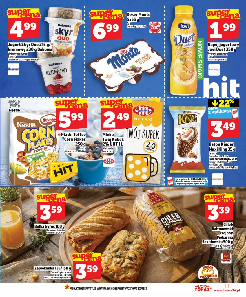 Gazetka promocyjna Topaz - Gazetka - ważna 19.02 do 25.02.2026 - strona 11 - produkty: Bułka, Corn flakes, Gyros, Kubek, Mleko, Piec, Pieczarka, Salami, Top