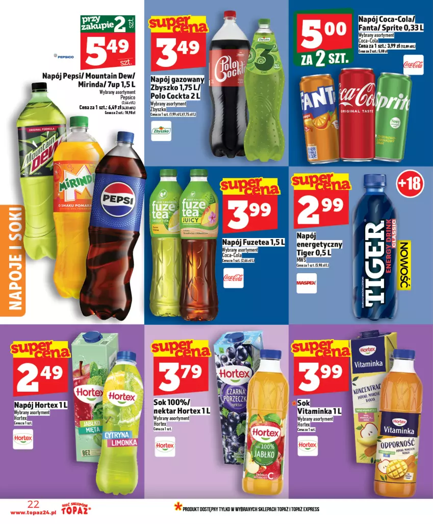Gazetka promocyjna Topaz - Gazetka - ważna 19.02 do 25.02.2026 - strona 22 - produkty: 7up, Coca-Cola, Fa, Fanta, Gin, Gry, Hortex, Inka, Mirinda, Napój, Napój gazowany, Napoje, Nektar, Pepsi, Sok, Sprite, Tiger, Top