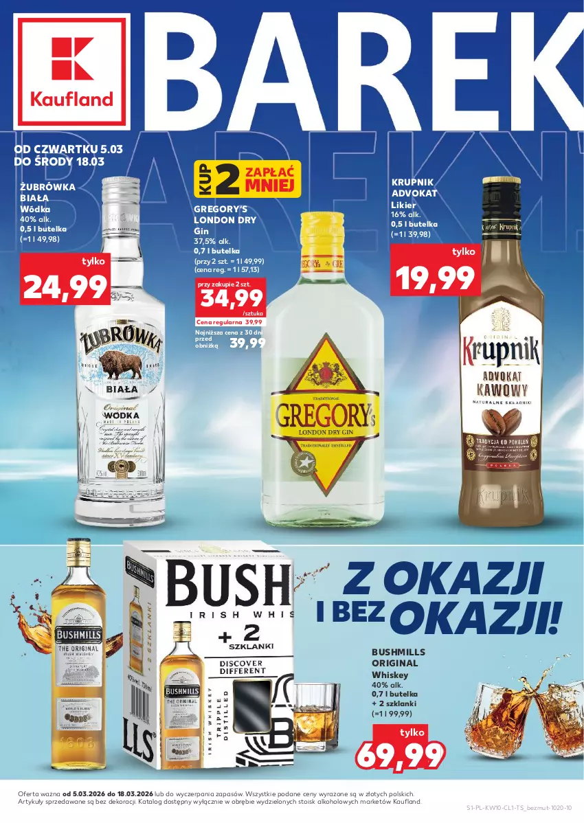 Gazetka promocyjna Kaufland - Barek Kauflandu - ważna 05.03 do 18.03.2026 - strona 1 - produkty: Bushmills, Gin, Krupnik, Lanki, Likier, Whiskey, Wódka