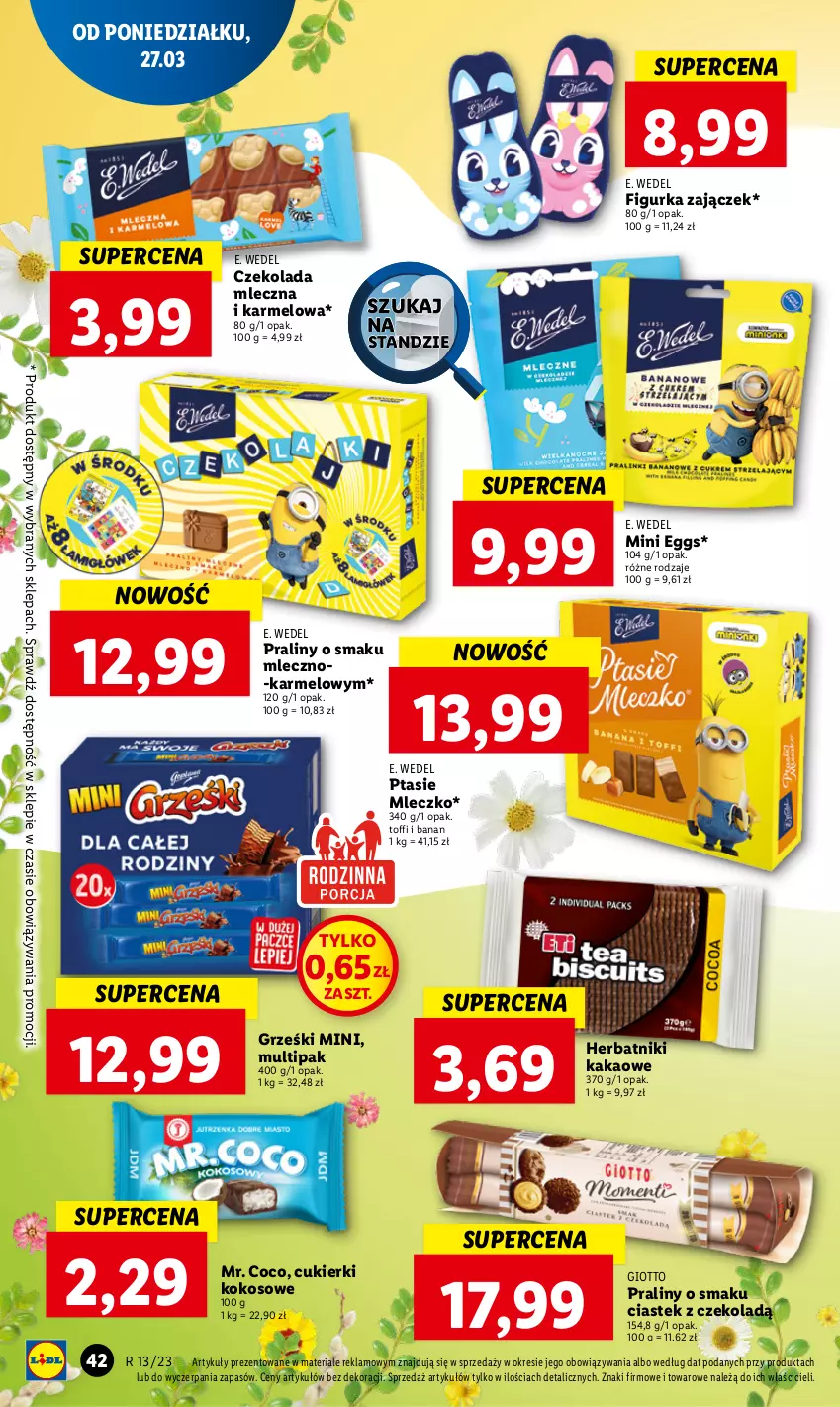 Gazetka promocyjna Lidl - GAZETKA - ważna 27.03 do 29.03.2023 - strona 48 - produkty: Cukier, Cukierki, Czekolada, Czekolada mleczna, E. Wedel, Grześki, Herbatniki, Kakao, Kokos, Mleczko, Praliny, Ptasie mleczko, Stek