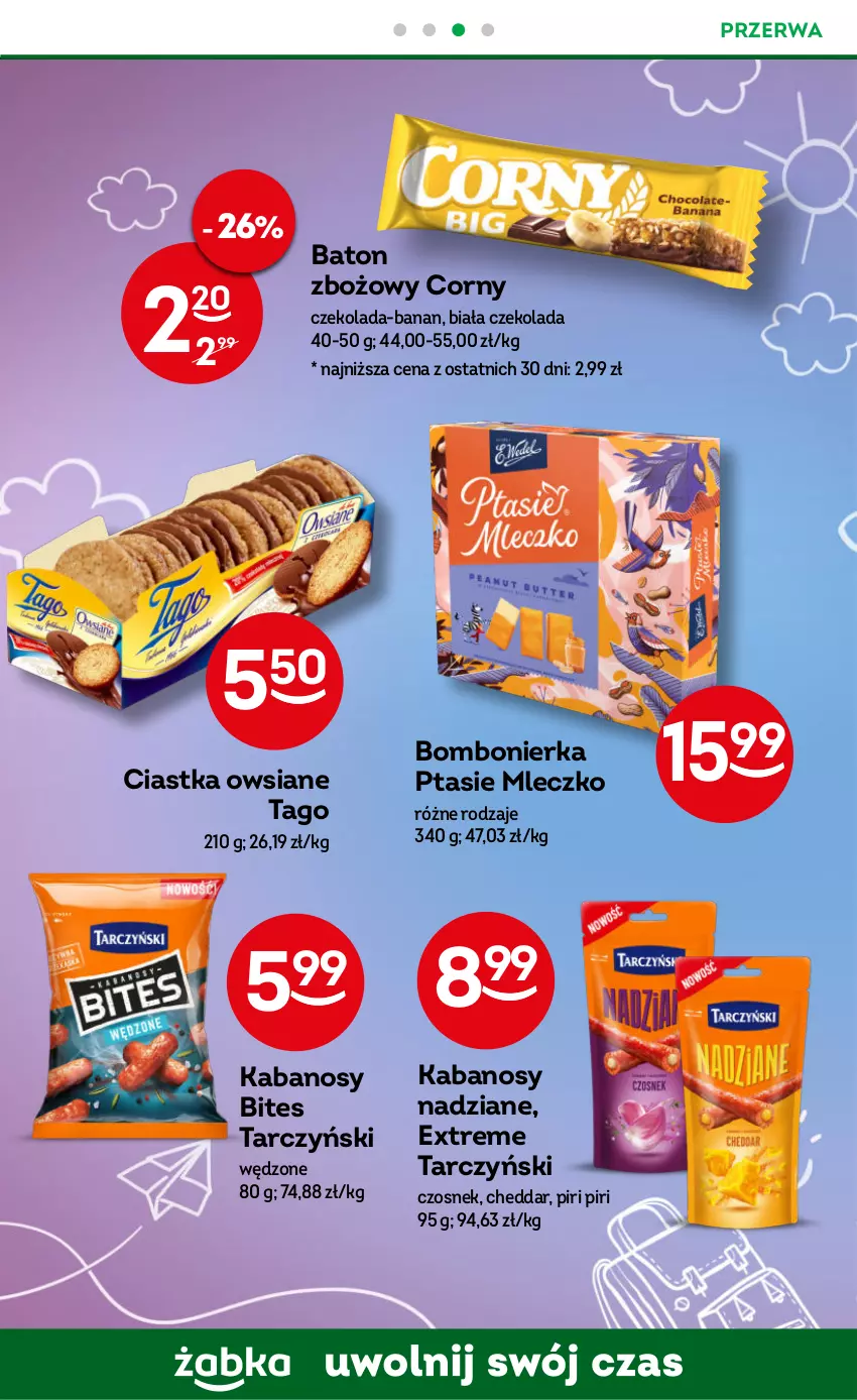 Gazetka promocyjna Żabka - ważna 30.08 do 12.09.2023 - strona 40 - produkty: Baton, Cheddar, Ciastka, Ciastka owsiane, Czekolada, Czosnek, Kabanos, Mleczko, Ptasie mleczko, Tago, Tarczyński