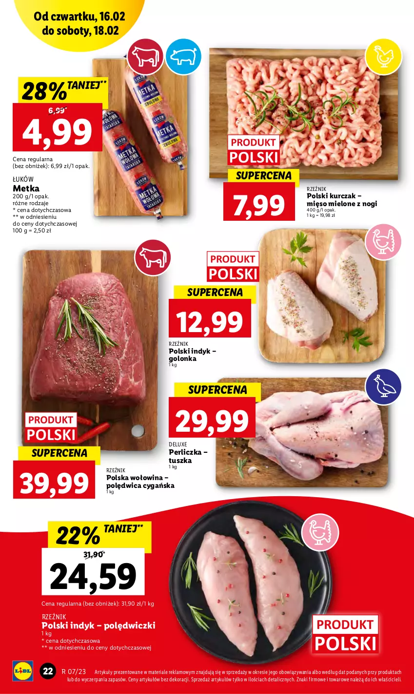 Gazetka promocyjna Lidl - GAZETKA - ważna 16.02 do 18.02.2023 - strona 22 - produkty: Kurczak, Mięso, Mięso mielone, Perliczka, Polędwica, Tusz, Wołowina