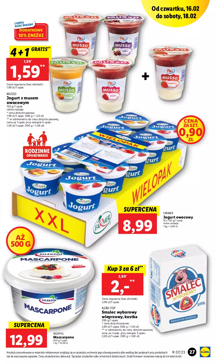 Gazetka promocyjna Lidl - GAZETKA - ważna 16.02 do 18.02.2023 - strona 27 - produkty: Fa, Gra, Jogurt, Jogurt owocowy, Mascarpone, Mus, Smalec, Top