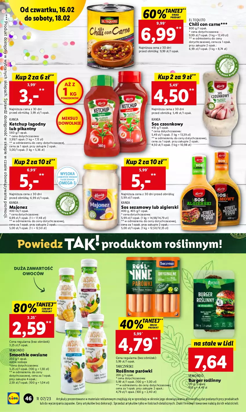 Gazetka promocyjna Lidl - GAZETKA - ważna 16.02 do 18.02.2023 - strona 48 - produkty: Burger, Ketchup, LG, Majonez, Omega-3, Parówki, Sezam, Smoothie, Sok, Sos, Sos czosnkowy, Tarczyński