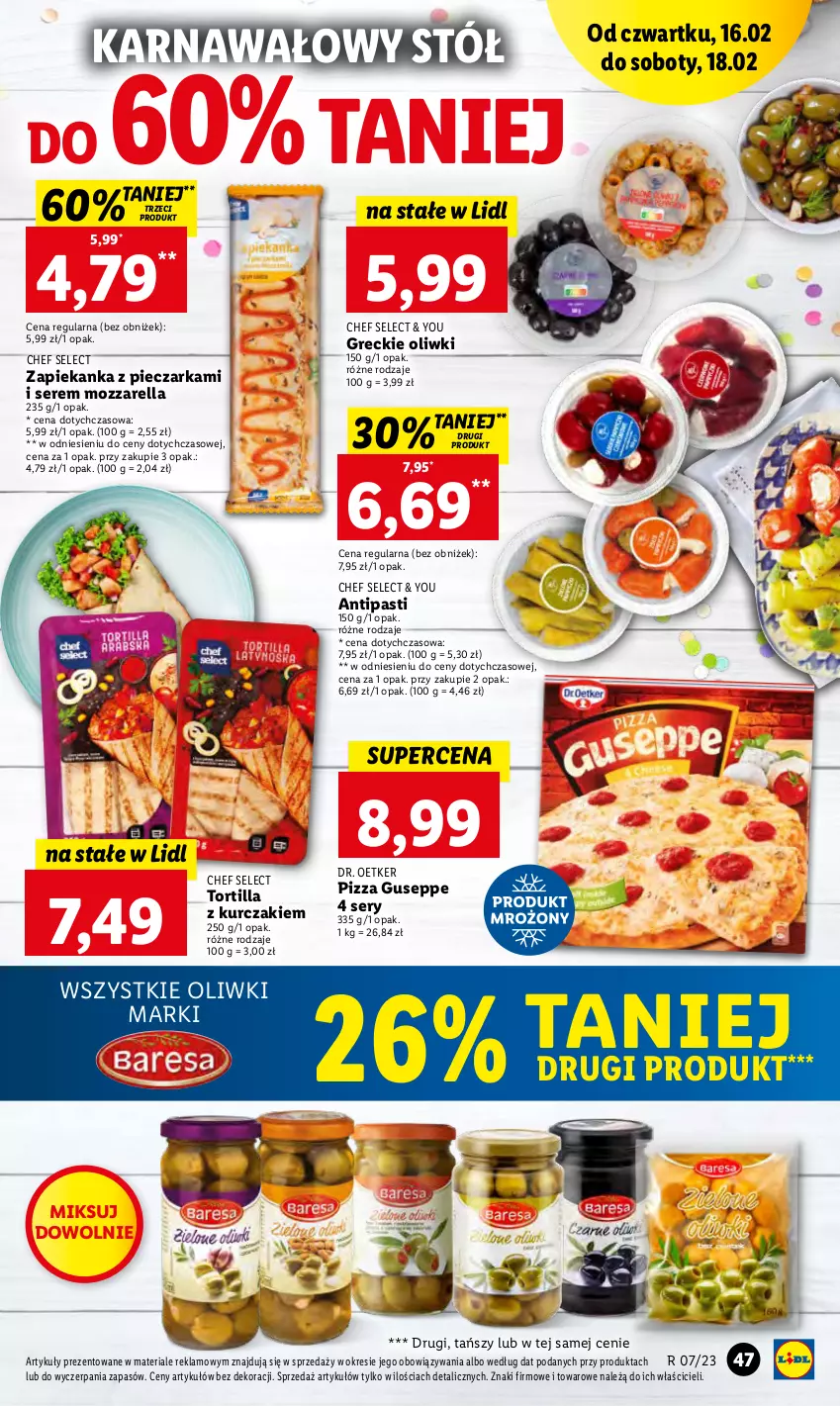 Gazetka promocyjna Lidl - GAZETKA - ważna 16.02 do 18.02.2023 - strona 49 - produkty: Dr. Oetker, Kurczak, Mozzarella, Oliwki, Piec, Pieczarka, Pizza, Ser, Stół, Tortilla, Zapiekanka