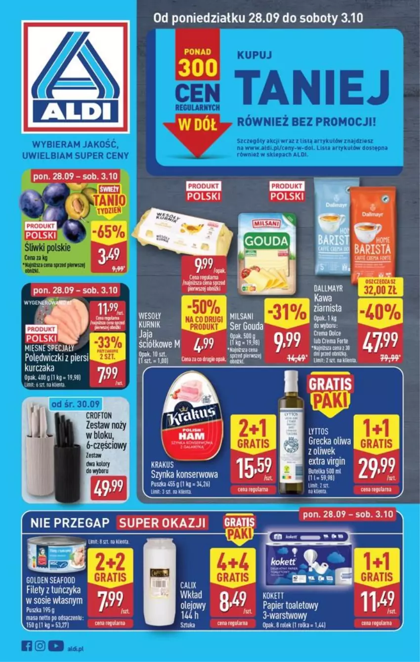 Gazetka promocyjna Aldi - Pełna oferta - ważna 28.09 do 03.10.2026 - strona 1 - produkty: Fa, Gin, Krakus, Noż, Oliwa, Ser, Szynka, Szynka konserwowa