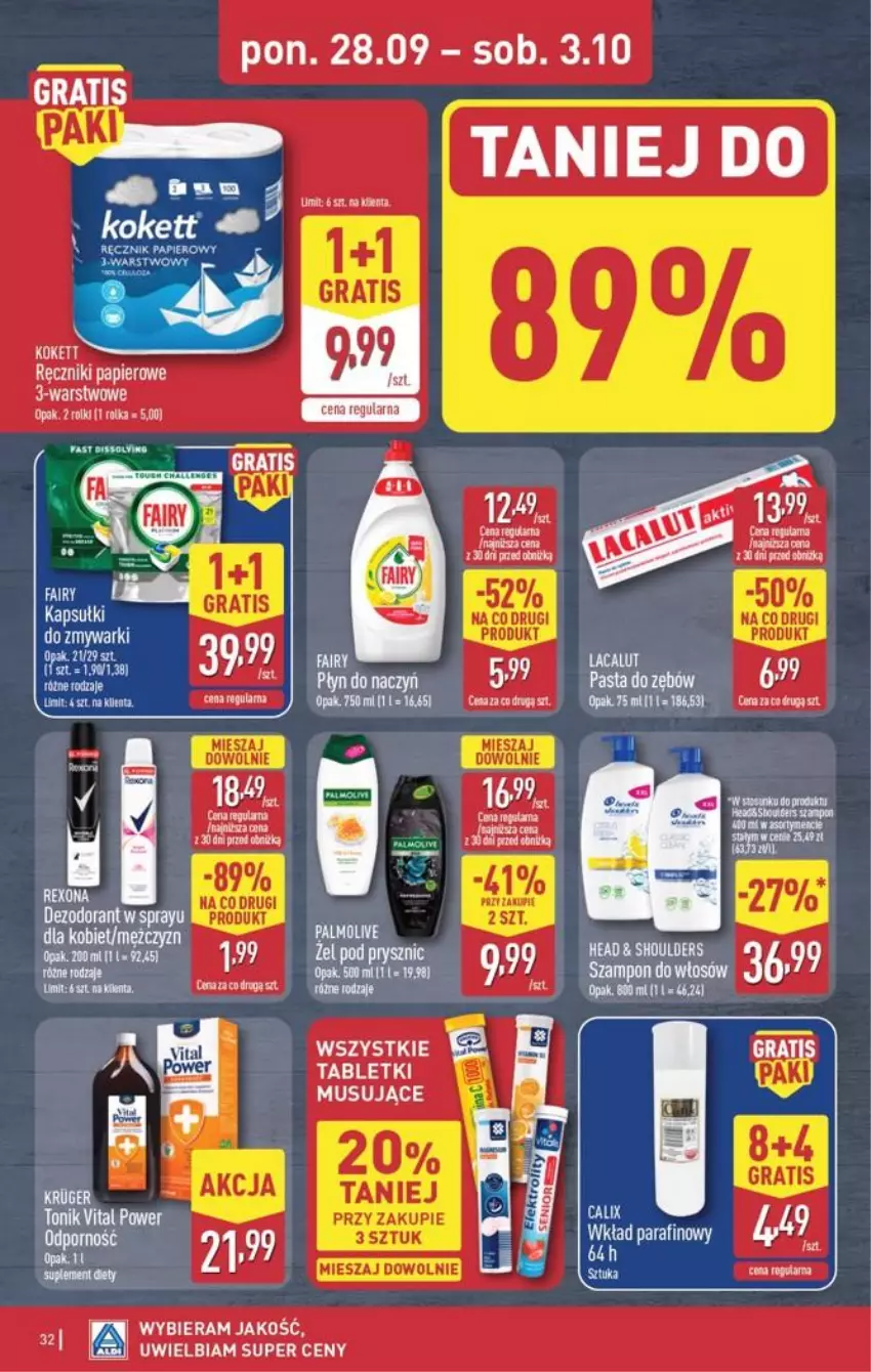 Gazetka promocyjna Aldi - Pełna oferta - ważna 28.09 do 03.10.2026 - strona 32 - produkty: Dezodorant, Fa, Fairy, Gra, Mus, Papier, Ręcznik, Ręczniki papierowe, Tonik, Toster, Zmywarki