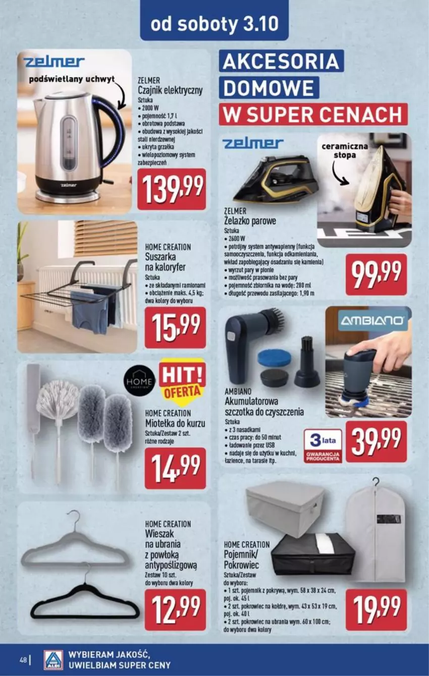 Gazetka promocyjna Aldi - Pełna oferta - ważna 28.09 do 03.10.2026 - strona 48 - produkty: Akumulator, Czajnik, Czajnik elektryczny, Grzałka, Piec, Pojemnik, Pokrowiec, Sok, Suszarka, Szczotka, Top, Ubrania, Wieszak, Zelmer