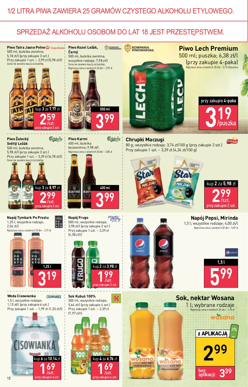 Gazetka promocyjna Stokrotka - Supermarket - ważna 05.01 do 11.01.2023 - strona 12 - produkty: Chrupki, Cisowianka, Gra, Karmi, Kozel, Kubuś, Lech Premium, Mirinda, Napój, Nektar, Pepsi, Piwa, Piwo, Sok, Tatra, Tymbark, Woda, Wosana