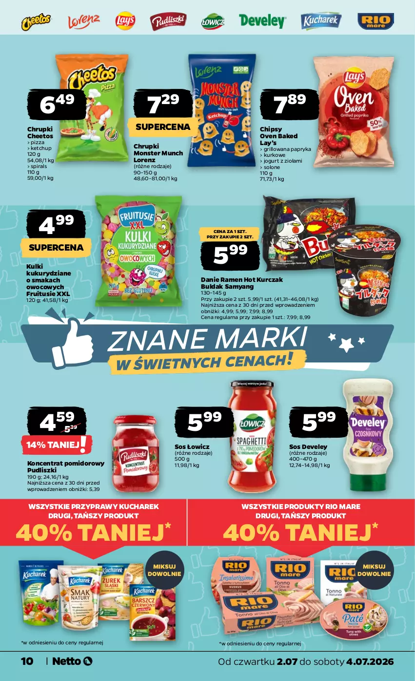 Gazetka promocyjna Netto - Od Czwartku - ważna 02.07 do 04.07.2026 - strona 10 - produkty: Cheetos, Chipsy, Chrupki, Grill, Jogurt, Ketchup, Koncentrat pomidorowy, Kucharek, Kurczak, Lay’s, Lorenz, Monster Munch, Papryka, Pizza, Przyprawy, Pudliszki, Rio Mare, Sos