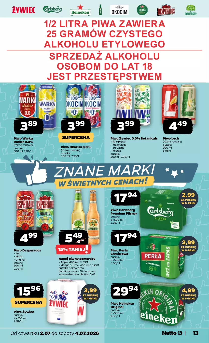 Gazetka promocyjna Netto - Od Czwartku - ważna 02.07 do 04.07.2026 - strona 13 - produkty: Carlsberg, Desperados, Gin, Gra, Heineken, Koc, Mango, Melon, Mięta, Napój, Okocim, Perła, Piwa, Piwo, Radler, Somersby, Warka