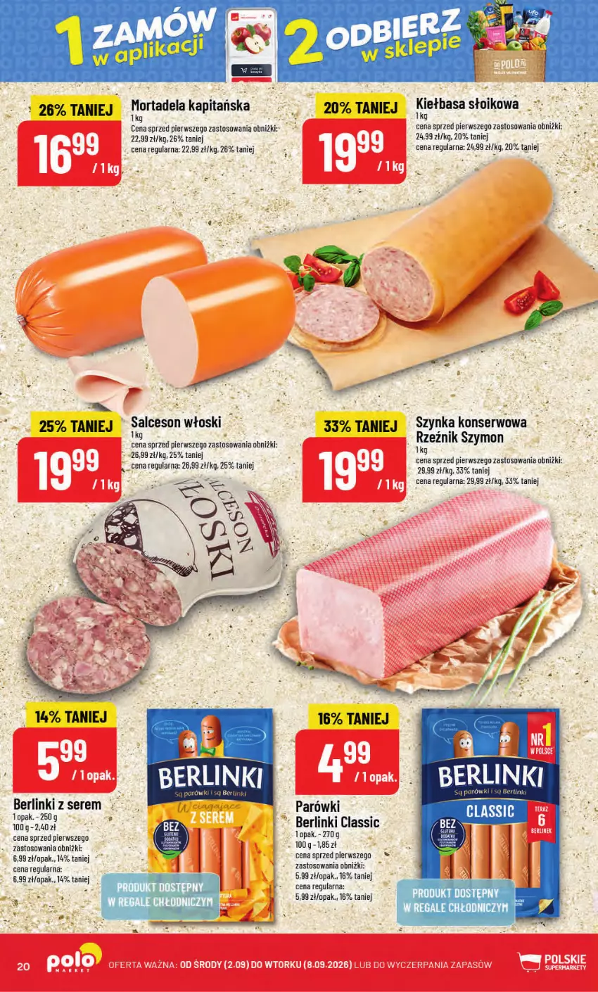Gazetka promocyjna PoloMarket - Gazetka POLOmarket - ważna 02.09 do 08.09.2026 - strona 20 - produkty: Berlinki, Kiełbasa, Parówki, Salceson, Ser, Szynka, Szynka konserwowa