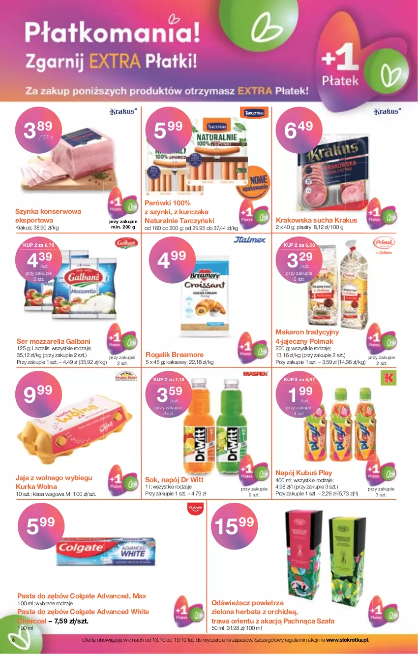 Gazetka promocyjna Stokrotka - Supermarket - ważna 13.10 do 19.10.2022 - strona 6 - produkty: Colgate, Fa, Galbani, Herbata, Jaja, Jaja z wolnego wybiegu, Kakao, Krakus, Kubuś, Kurczak, LG, Makaron, Mozzarella, Napój, Odświeżacz powietrza, Olma, Parówki, Pasta do zębów, Por, Rogal, Ser, Sok, Sport, Szafa, Szynka, Szynka konserwowa, Tarczyński