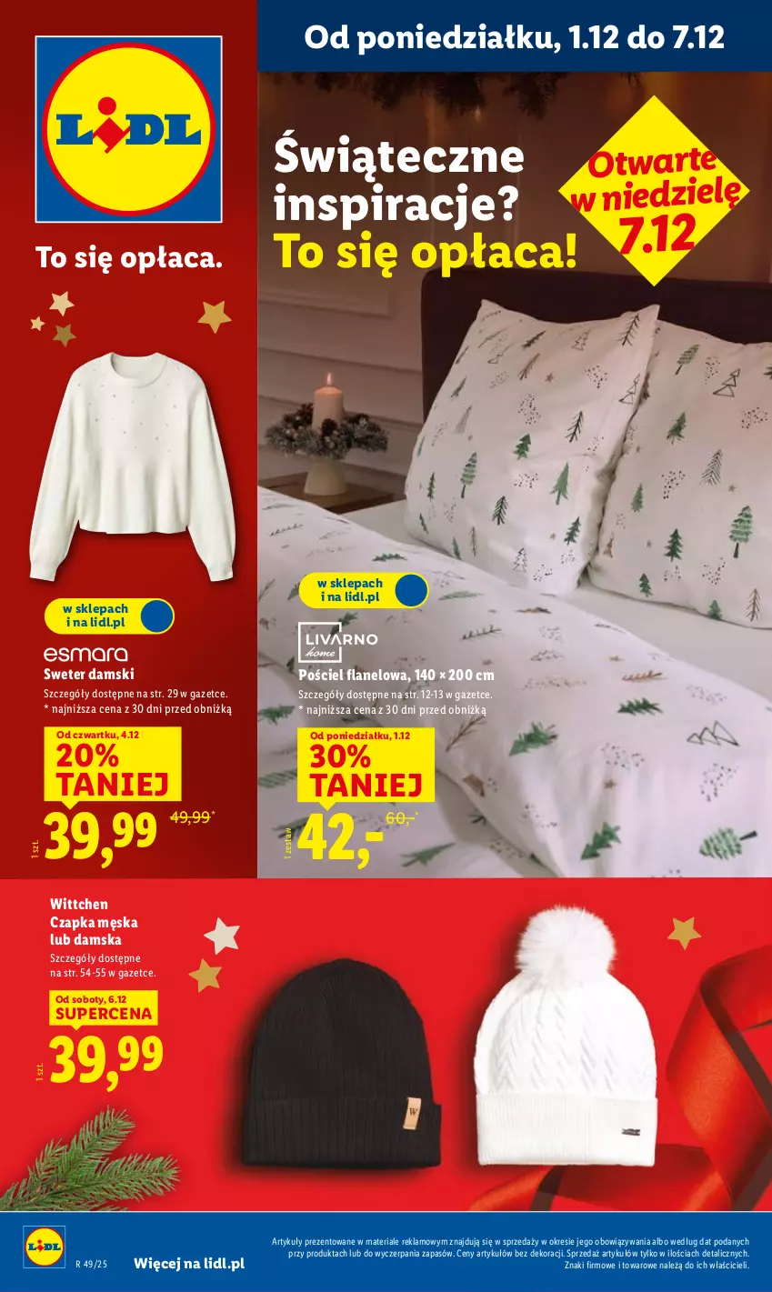 Gazetka promocyjna Lidl - GAZETKA - ważna 01.12 do 07.12.2025 - strona 1 - produkty: Czapka, Pościel, Pościel flanelowa, Sweter, Wittchen