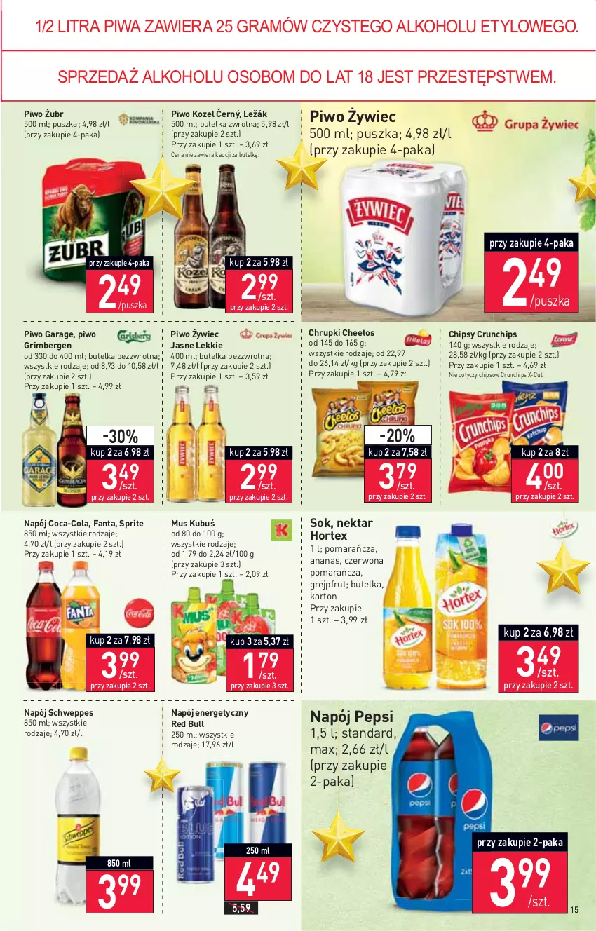 Gazetka promocyjna Stokrotka - Supermarket - ważna 18.11 do 24.11.2021 - strona 15 - produkty: Ananas, Cheetos, Chipsy, Chrupki, Coca-Cola, Crunchips, Fa, Fanta, Gra, Grejpfrut, Hortex, Kozel, Kubuś, Mus, Napój, Napój energetyczny, Nektar, Pepsi, Piwa, Piwo, Red Bull, Schweppes, Sok, Sprite