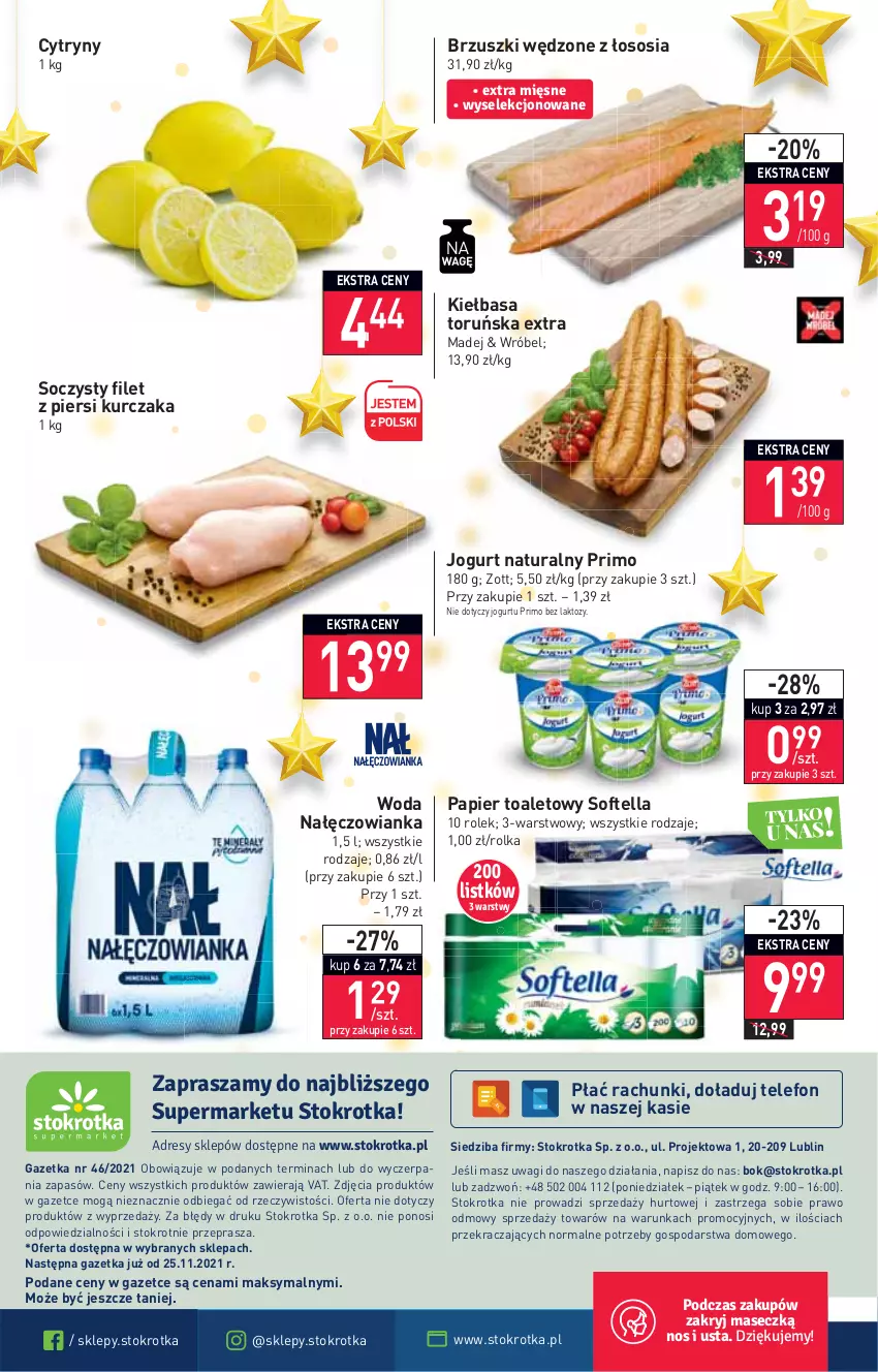 Gazetka promocyjna Stokrotka - Supermarket - ważna 18.11 do 24.11.2021 - strona 20 - produkty: Cytryny, Filet z piersi kurczaka, Jogurt, Jogurt naturalny, Kiełbasa, Kurczak, Nałęczowianka, O nas, Papier, Papier toaletowy, Sos, Telefon, Wagi, Woda, Zott