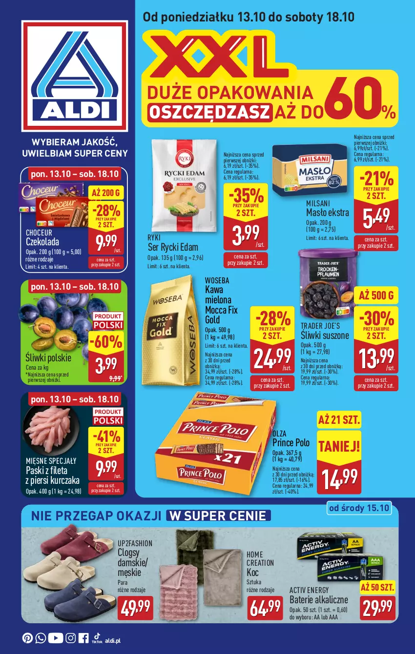 Gazetka promocyjna Aldi - Pełna oferta - ważna 13.10 do 18.10.2025 - strona 1 - produkty: Baterie alkaliczne, Clogsy, Czekolada, Edam, Fa, Kawa, Kawa mielona, Koc, Kurczak, Masło, Mięsne specjały, Mocca Fix Gold, Prince Polo, Rycki Edam, Ser, Woseba