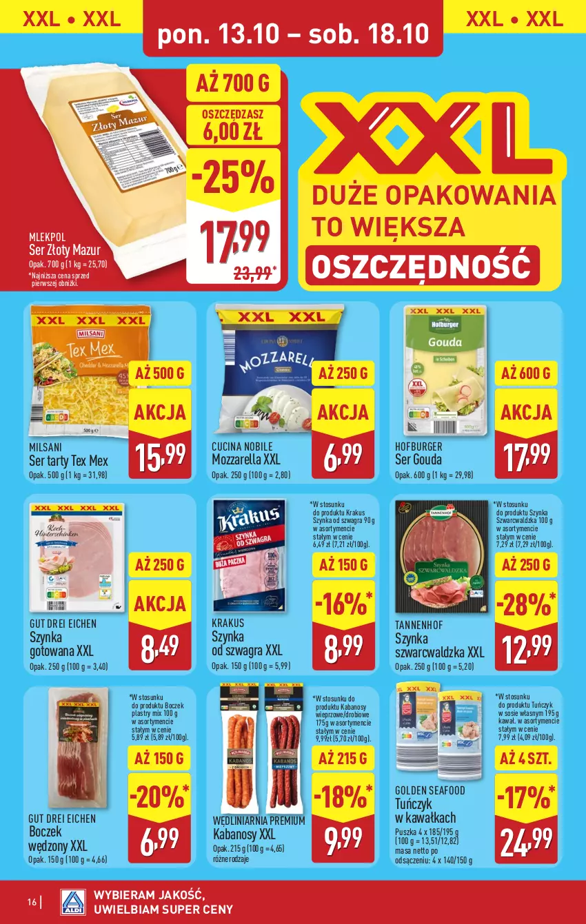 Gazetka promocyjna Aldi - Pełna oferta - ważna 13.10 do 18.10.2025 - strona 16 - produkty: Boczek, Burger, Golden Seafood, Gouda, Gra, Hofburger, Kabanos, Kawa, Krakus, Mozzarella, Ser, Sos, Szynka, Tuńczyk, Złoty Mazur