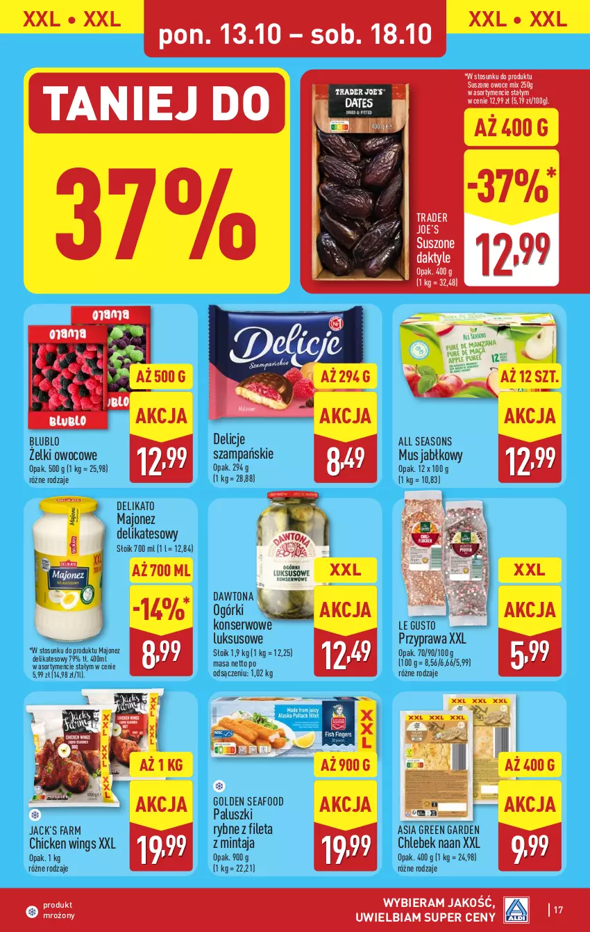 Gazetka promocyjna Aldi - Pełna oferta - ważna 13.10 do 18.10.2025 - strona 17 - produkty: All Seasons, Chleb, Daktyle, Dawtona, Delicje, Fa, Golden Seafood, Majonez, Mintaj, Mus, Ogórki konserwowe, Owoce, Paluszki rybne, Ser