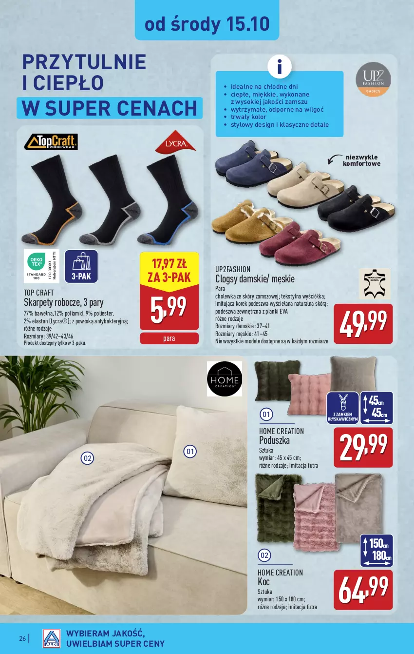 Gazetka promocyjna Aldi - Pełna oferta - ważna 13.10 do 18.10.2025 - strona 26 - produkty: Clogsy, Fa, Karp, Koc, LG, Poduszka, Por, Sok, Top, Wełna