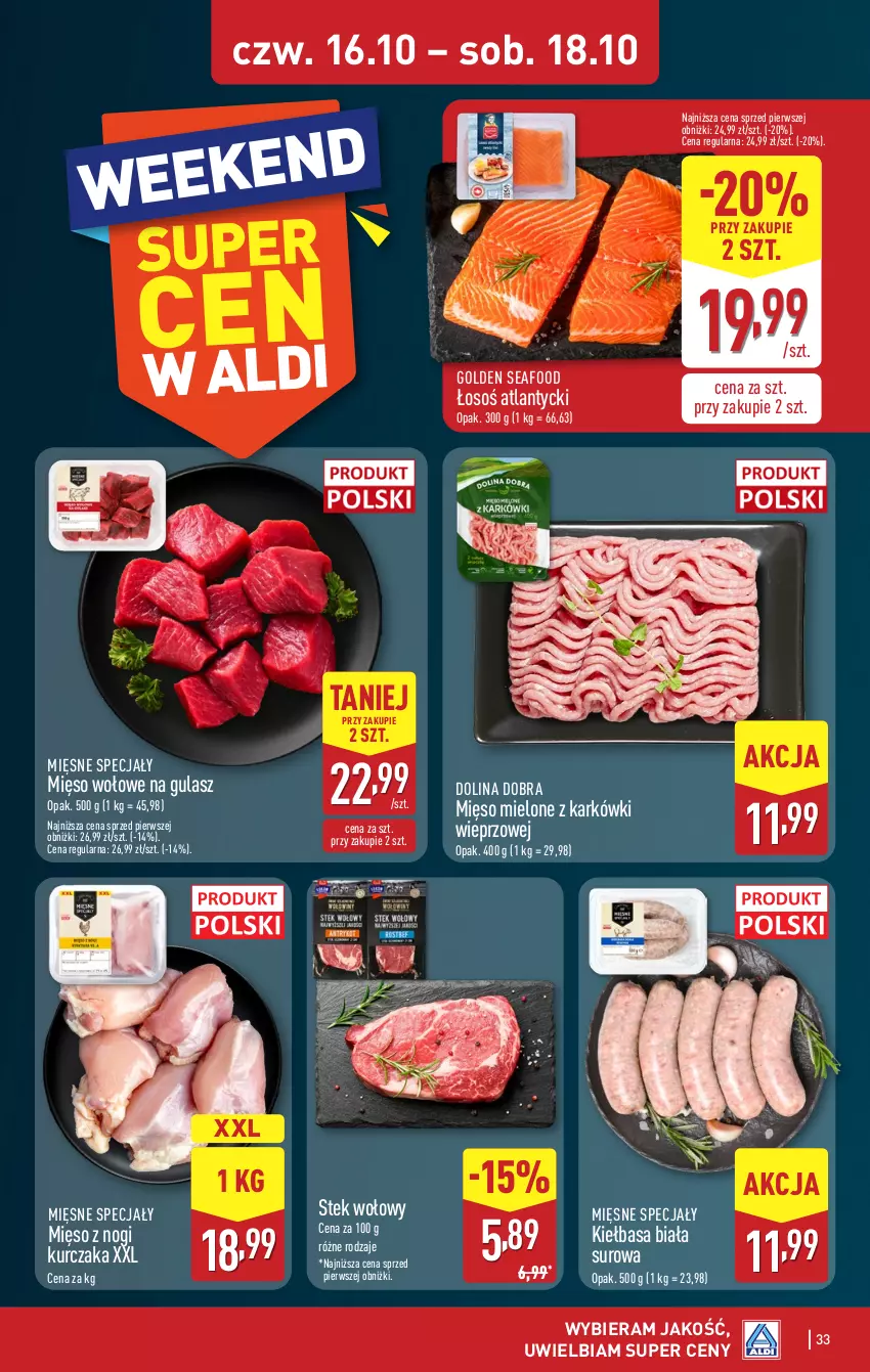 Gazetka promocyjna Aldi - Pełna oferta - ważna 13.10 do 18.10.2025 - strona 33 - produkty: Golden Seafood, Kiełbasa, Kiełbasa biała, Kurczak, Mięsne specjały, Mięso, Mięso mielone, Mięso wołowe, Stek, Stek wołowy