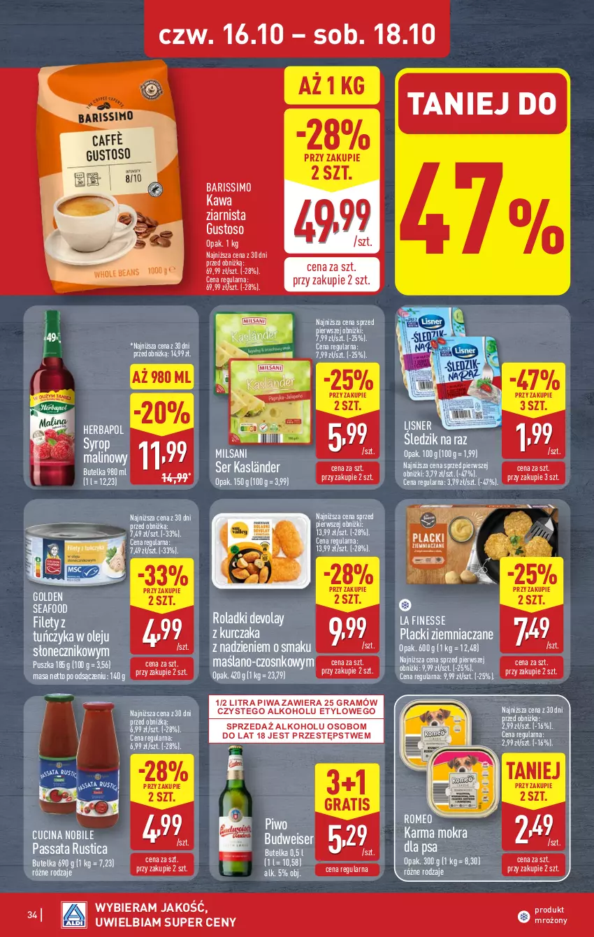 Gazetka promocyjna Aldi - Pełna oferta - ważna 13.10 do 18.10.2025 - strona 34 - produkty: Golden Seafood, Gra, Herbapol, Kawa, Kawa ziarnista, Kurczak, Lack, Lisner, Olej, Piwa, Piwo, Rust, Ser, Syrop, Tuńczyk