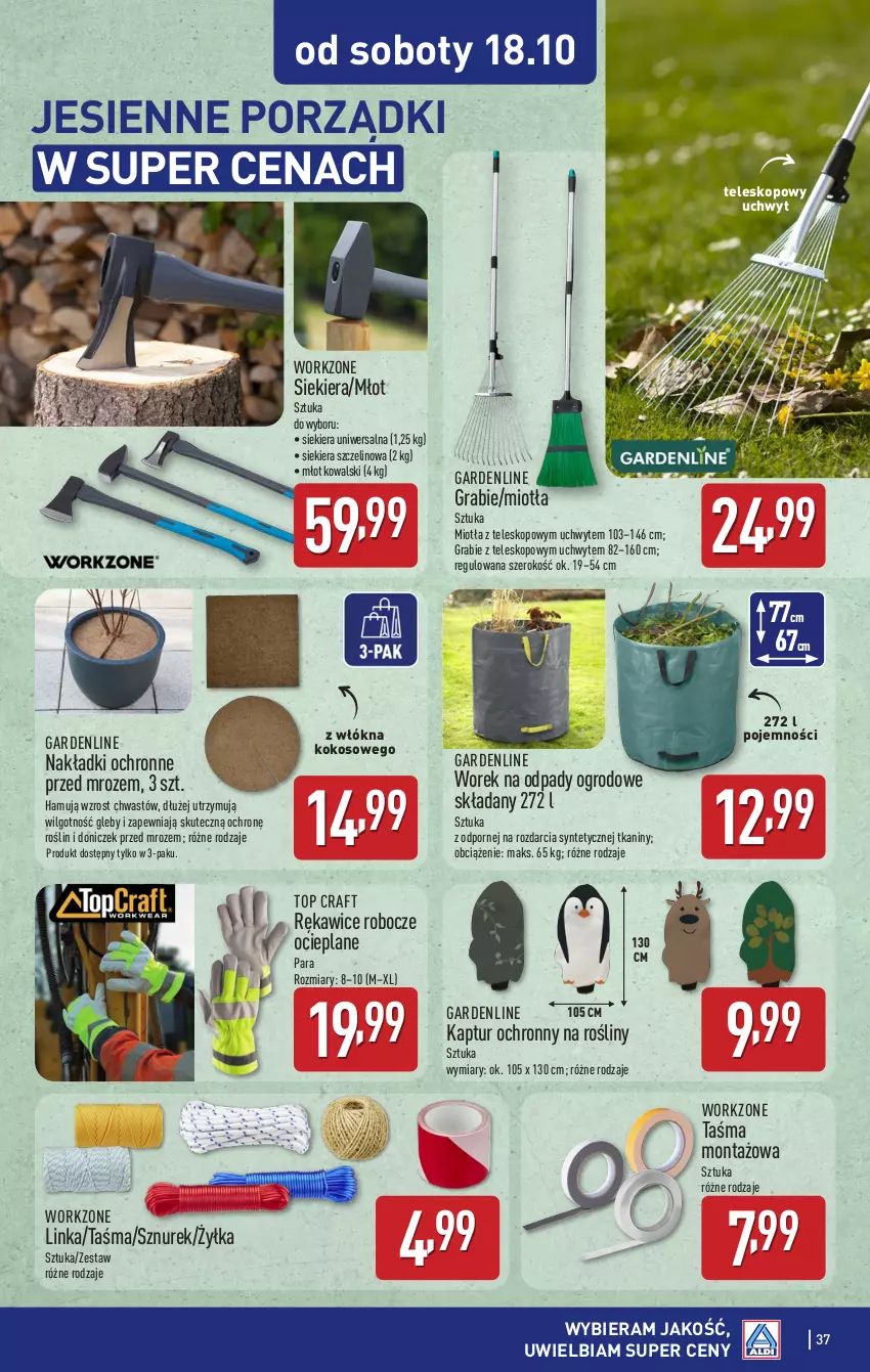 Gazetka promocyjna Aldi - Pełna oferta - ważna 13.10 do 18.10.2025 - strona 37 - produkty: Gra, Inka, Kokos, LG, Miotła, Młot, Por, Rękawice, Rękawice robocze, Sznurek, Taśma montażowa, Teleskop, Top