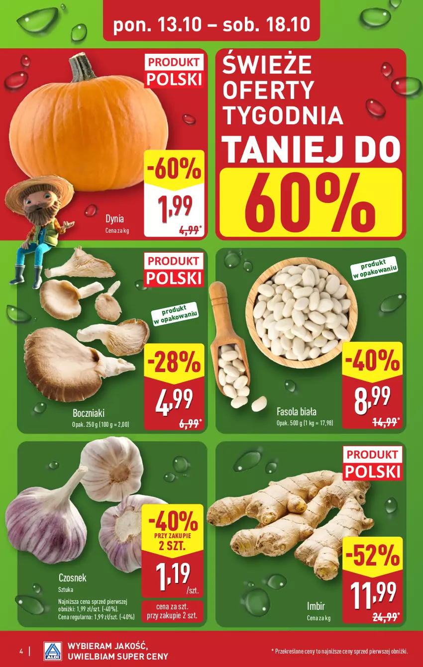 Gazetka promocyjna Aldi - Pełna oferta - ważna 13.10 do 18.10.2025 - strona 4 - produkty: Boczniak, Czosnek, Fa, Fasola, Imbir