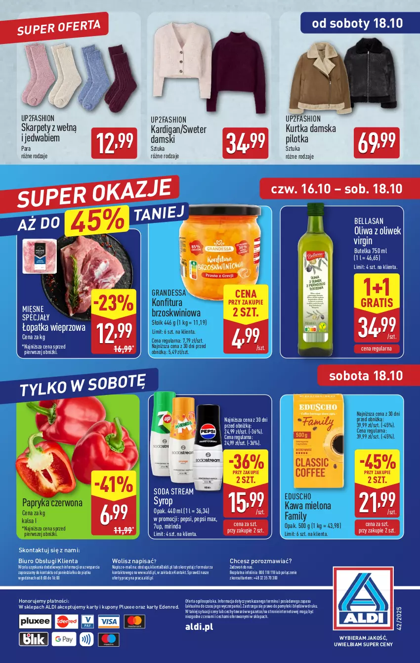 Gazetka promocyjna Aldi - Pełna oferta - ważna 13.10 do 18.10.2025 - strona 40 - produkty: 7up, Bell, Bella, Biuro, Fa, Gin, Gra, Kardigan, Karp, Kawa, Kawa mielona, Konfitura, Kurtka, Mięsne specjały, Mirinda, O nas, Oliwa, Oliwa z oliwek, Papryka, Papryka czerwona, Pepsi, Pepsi max, Por, Sweter, Syrop