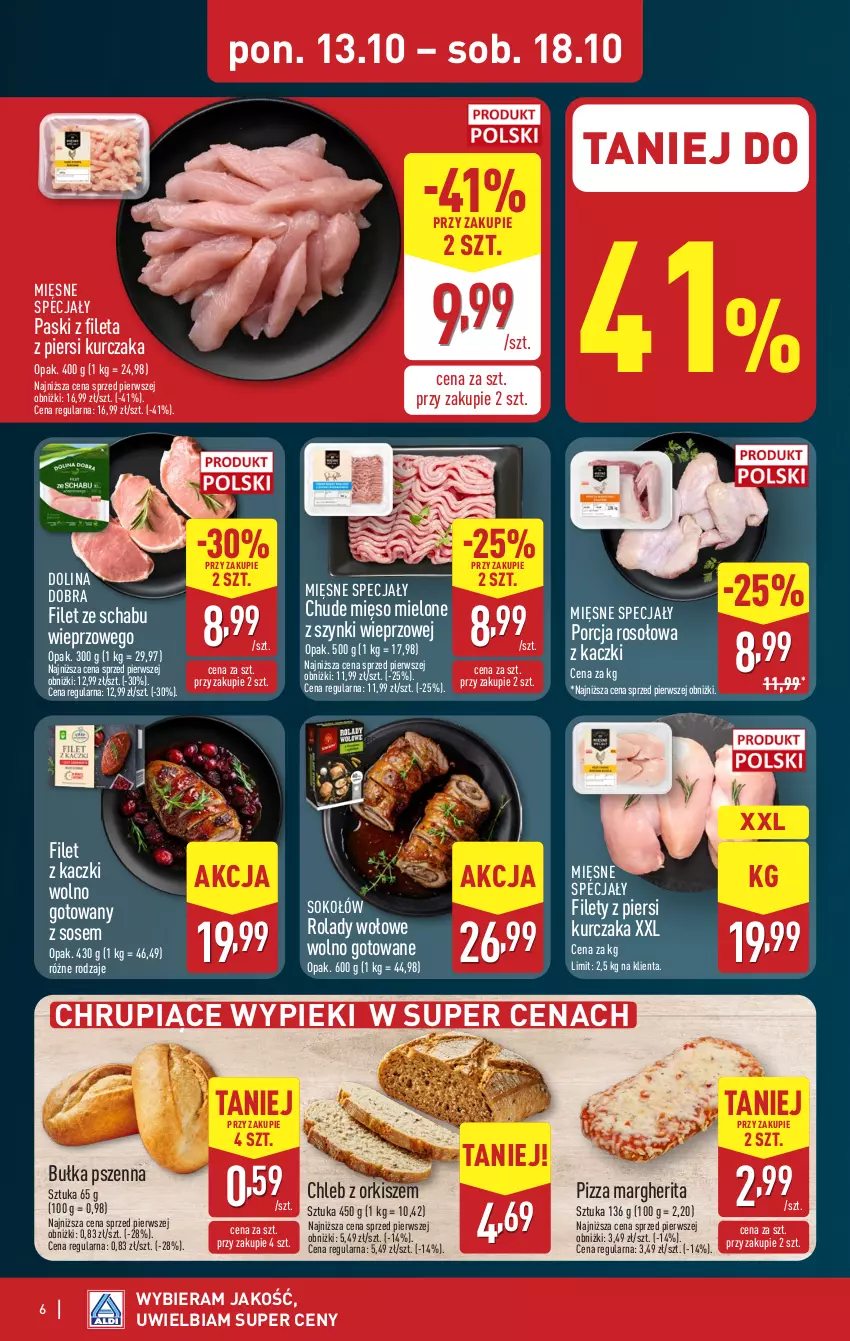 Gazetka promocyjna Aldi - Pełna oferta - ważna 13.10 do 18.10.2025 - strona 6 - produkty: Bułka, Chleb, Kurczak, Mięsne specjały, Mięso, Mięso mielone, Mięso mielone z szynki, Pizza, Pizza margherita, Por, Sok, Sokołów, Sos