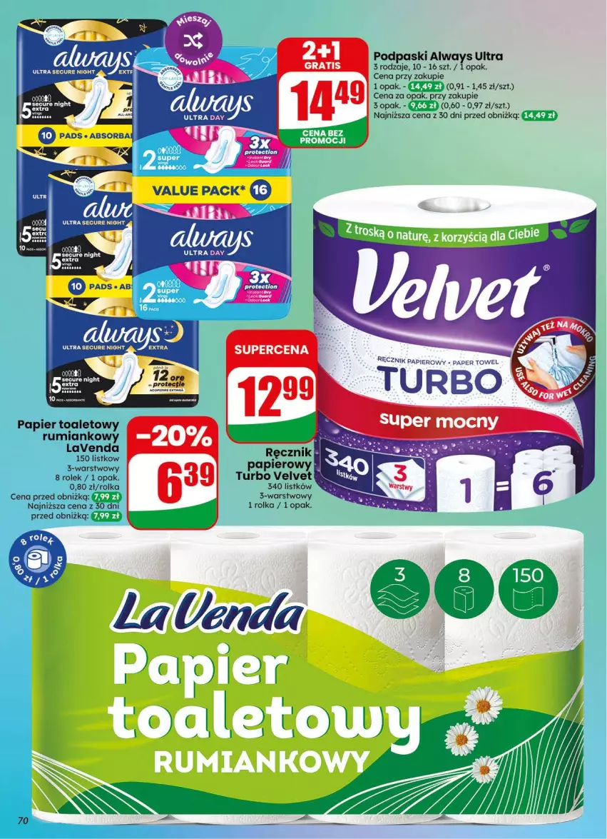 Gazetka promocyjna Dino - Gazetka 31 / 2026 - ważna 29.07 do 04.08.2026 - strona 70 - produkty: Always, Always Ultra, Papier, Papier toaletowy, Podpaski, Por, Ręcznik, Rum, Velvet