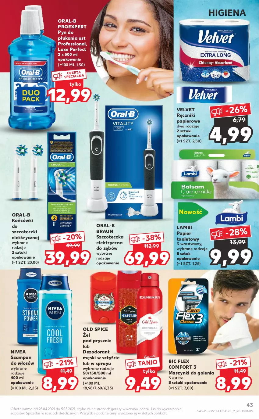 Gazetka promocyjna Kaufland - OFERTA TYGODNIA - ważna 28.04 do 05.05.2021 - strona 43 - produkty: BIC, Braun, Dezodorant, Końcówki do szczoteczk, Nivea, Old Spice, Papier, Papier toaletowy, Ręcznik, Ręczniki papierowe, Szampon, Szczoteczka, Velvet