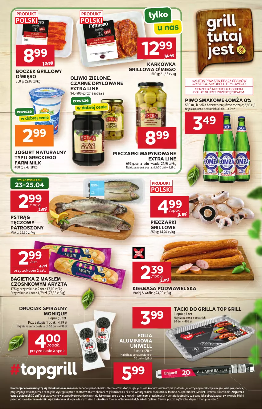 Gazetka promocyjna Stokrotka - Supermarket - ważna 23.04 do 28.04.2026 - strona 13 - produkty: Bagietka, Boczek, Fa, Farm Milk, Folia aluminiowa, Gra, Grill, Jogurt, Jogurt naturalny, Kiełbasa, Kiełbasa podwawelska, Mięso, Oliwki, Oliwki zielone, Optima, Owoce, Piec, Piwa, Piwo, Pstrąg, Pstrąg tęczowy, Top, Warzywa, Wawel