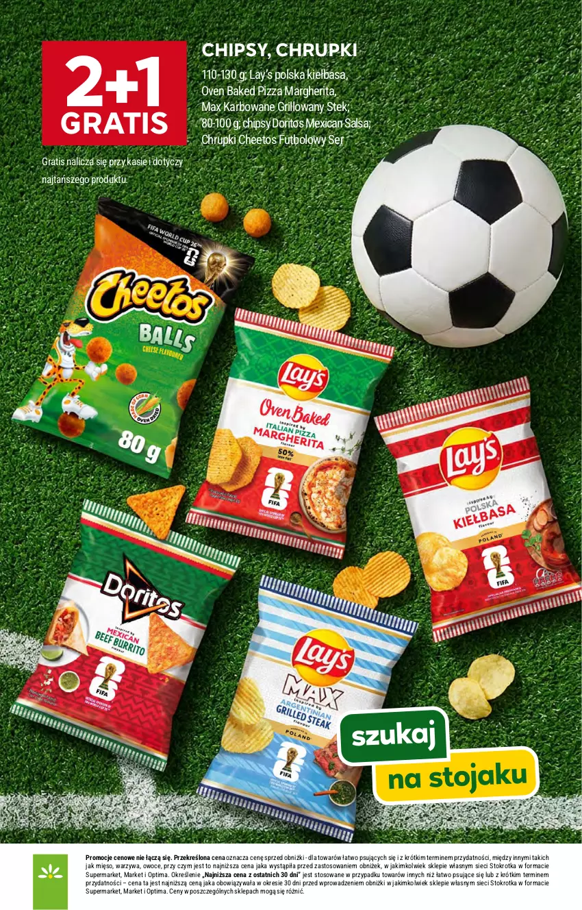 Gazetka promocyjna Stokrotka - Supermarket - ważna 23.04 do 28.04.2026 - strona 18 - produkty: Cheetos, Chipsy, Chrupki, Gra, Grill, Kiełbasa, Lay’s, Mięso, Optima, Owoce, Pizza, Pizza margherita, Salsa, Ser, Stek, Warzywa