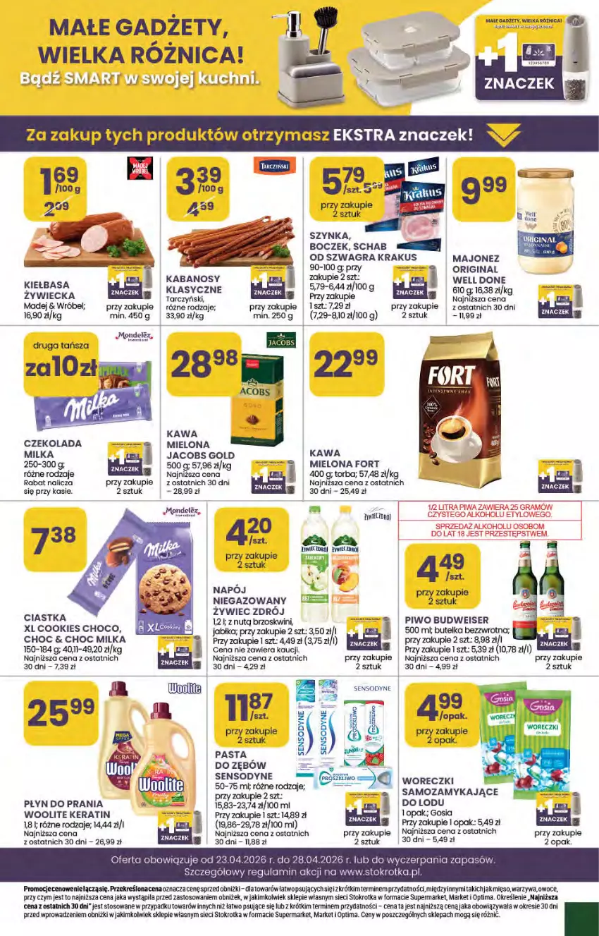 Gazetka promocyjna Stokrotka - Supermarket - ważna 23.04 do 28.04.2026 - strona 19 - produkty: Boczek, Ciastka, Czekolada, Fa, Gin, Goal, Gra, Jacobs, Kawa, Krakus, Majonez, Mięso, Milka, Napój, Optima, Owoce, Piwo, Płyn do prania, Sensodyne, Ser, Szynka, Tarczyński, Torba, Warzywa, Woolite