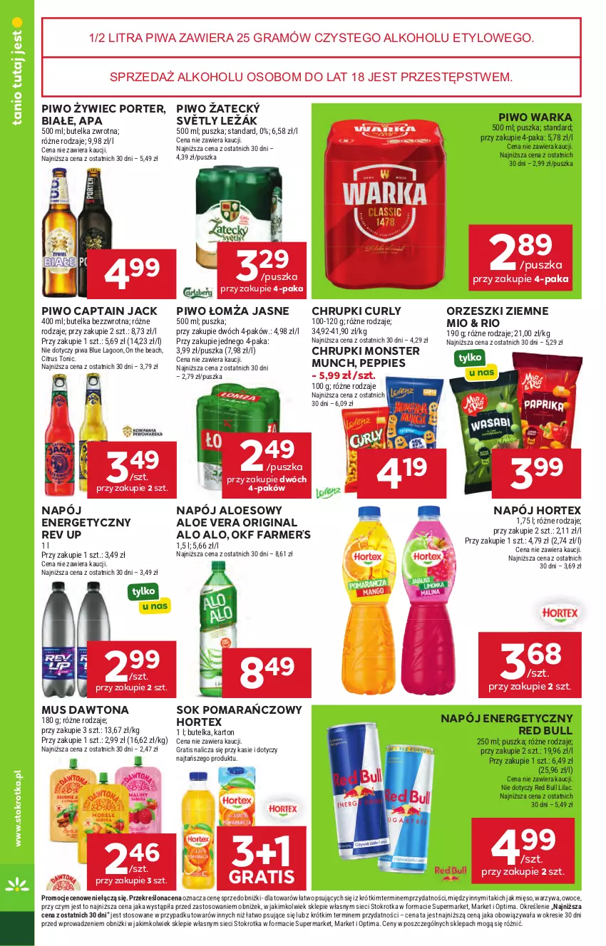 Gazetka promocyjna Stokrotka - Supermarket - ważna 23.04 do 28.04.2026 - strona 32 - produkty: Aloe vera, Captain Jack, Chrupki, Dawtona, Fa, Gin, Gra, Hortex, Mięso, Monster Munch, Mus, Napój, Napój energetyczny, Optima, Orzeszki, Orzeszki ziemne, Owoce, Piwa, Piwo, Por, Red Bull, Sok, Sok pomarańczowy, Warka, Warzywa