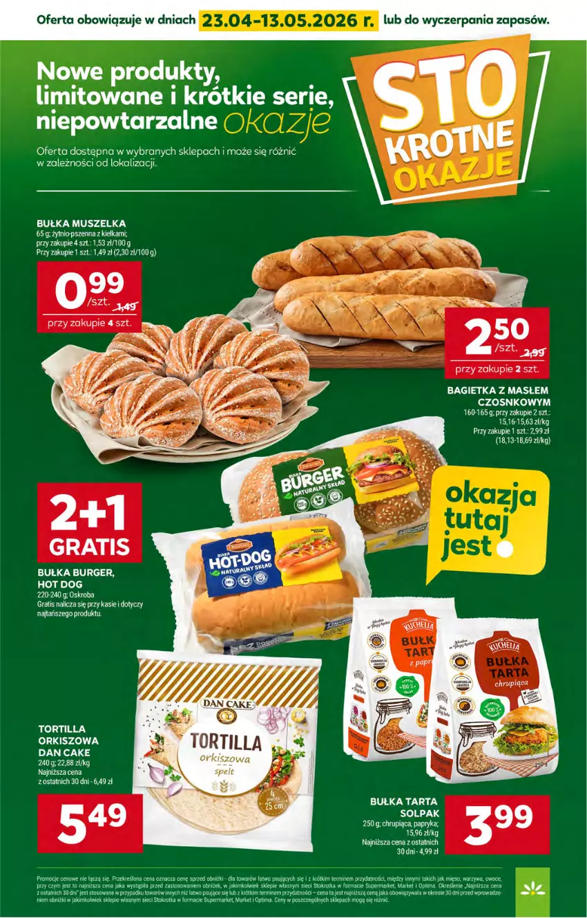 Gazetka promocyjna Stokrotka - Supermarket - ważna 23.04 do 28.04.2026 - strona 34 - produkty: Bagietka, Bułka, Bułka tarta, Burger, Dan Cake, Gra, Hot dog, Mięso, Mus, Optima, Owoce, Papryka, Ser, Tarta, Tortilla, Warzywa