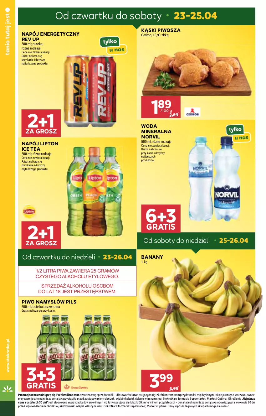Gazetka promocyjna Stokrotka - Supermarket - ważna 23.04 do 28.04.2026 - strona 6 - produkty: Banany, Gra, Ice tea, Lipton, Mięso, Namysłów, Napój, Napój energetyczny, Optima, Owoce, Piwa, Piwo, Warzywa, Woda, Woda mineralna