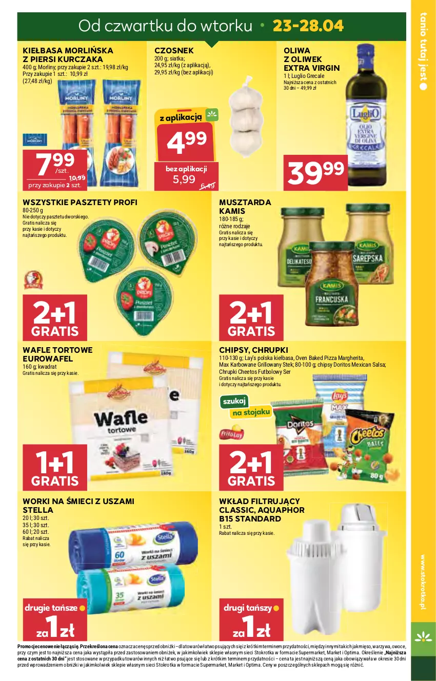 Gazetka promocyjna Stokrotka - Supermarket - ważna 23.04 do 28.04.2026 - strona 7 - produkty: Aquaphor, Cheetos, Chipsy, Chrupki, Czosnek, Gin, Gra, Grill, Kamis, Kiełbasa, Kurczak, Lay’s, Mięso, Morliny, Mus, Musztarda, Oliwa, Oliwa z oliwek, Optima, Owoce, Pasztet, Pizza, Pizza margherita, Salsa, Ser, Siatka, Stek, Wafle, Wafle tortowe, Warzywa, Wkład filtrujący, Worki na śmiec, Worki na śmieci