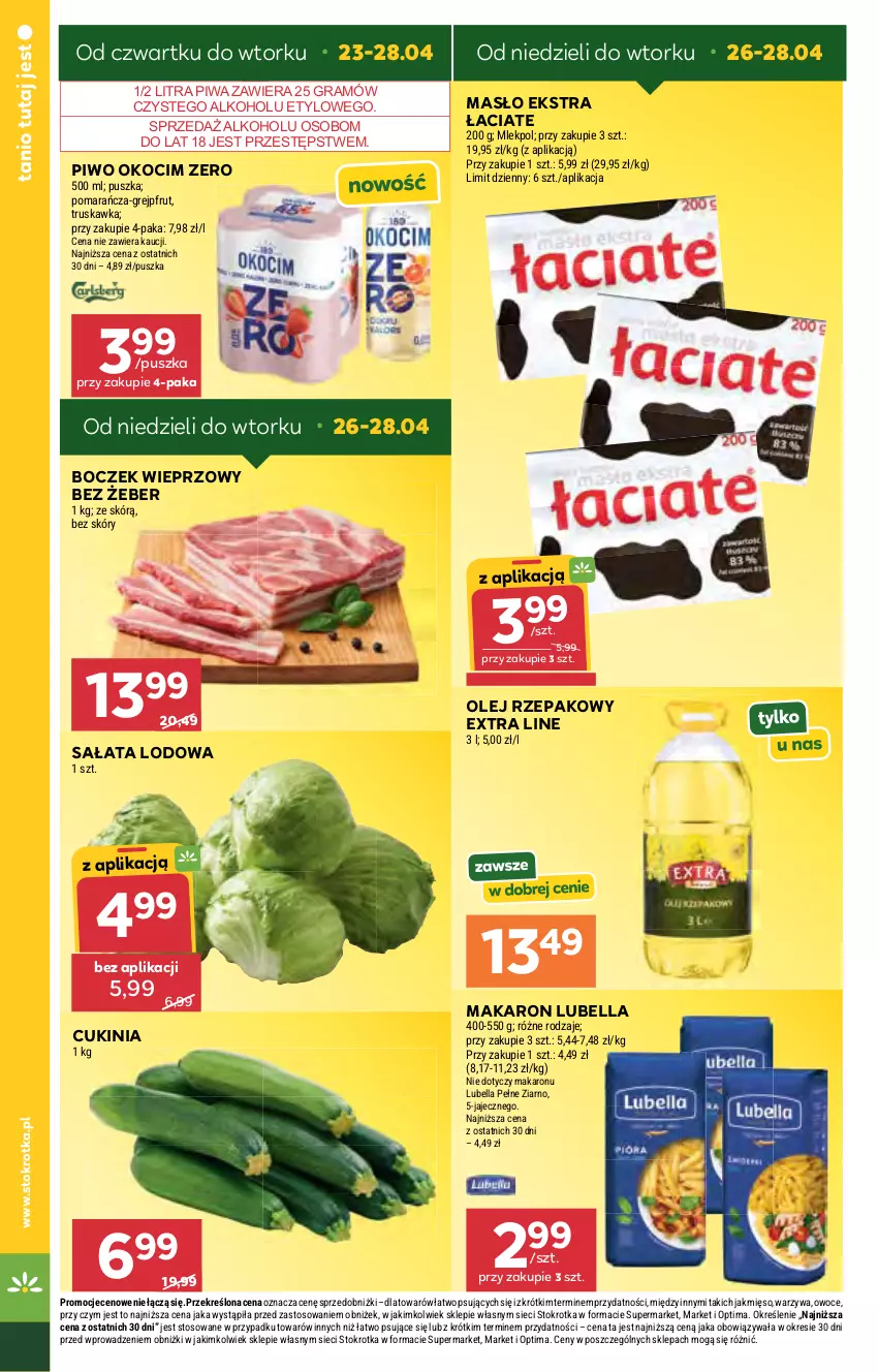 Gazetka promocyjna Stokrotka - Supermarket - ważna 23.04 do 28.04.2026 - strona 8 - produkty: Bell, Bella, Boczek, Boczek wieprzowy, Gra, Grejpfrut, Koc, Lubella, Makaron, Masło, Mięso, Okocim, Olej, Olej rzepakowy, Optima, Owoce, Piwa, Piwo, Sałat, Sałata lodowa, Warzywa