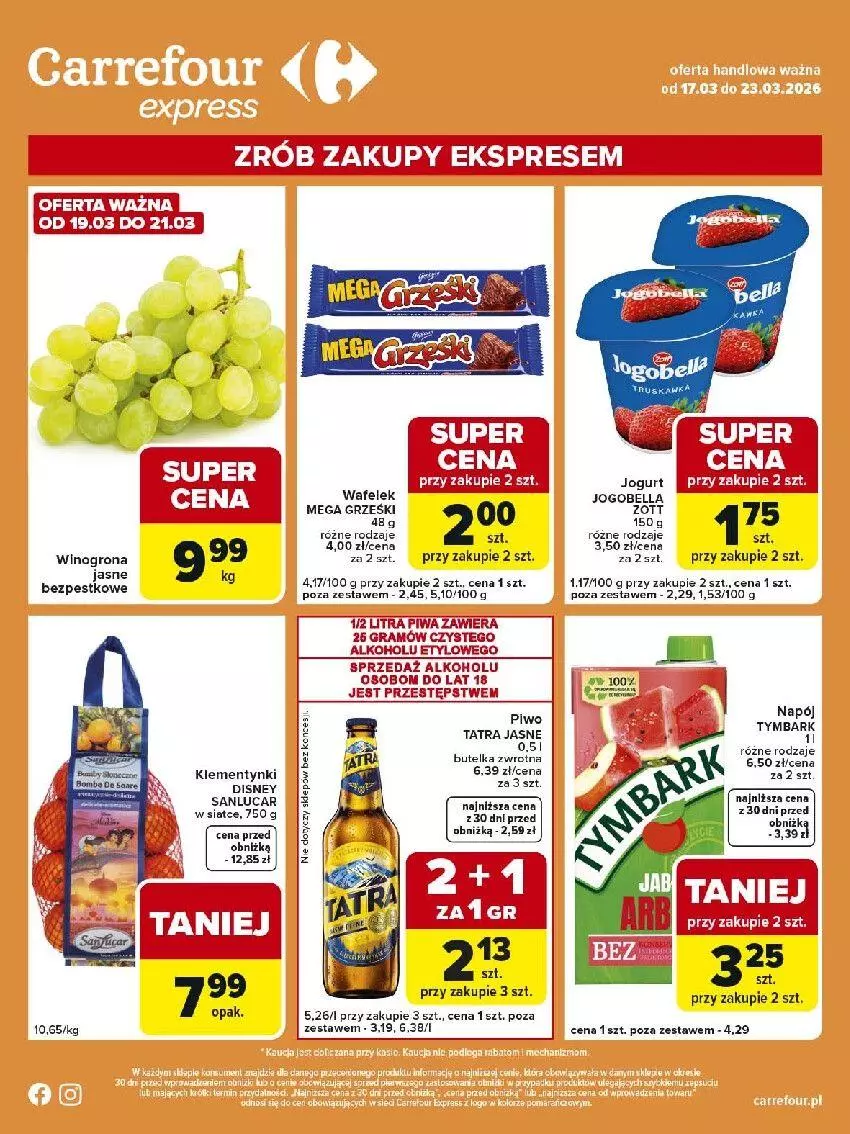 Gazetka promocyjna Carrefour - Gazetka Express - ważna 17.03 do 23.03.2026 - strona 2 - produkty: Bell, Bella, DAX, Gra, Grześki, Jogobella, Jogurt, Klementynki, Napój, Piwa, Piwo, Por, Tatra, Tymbark, Wafelek, Wino, Winogrona, Zott