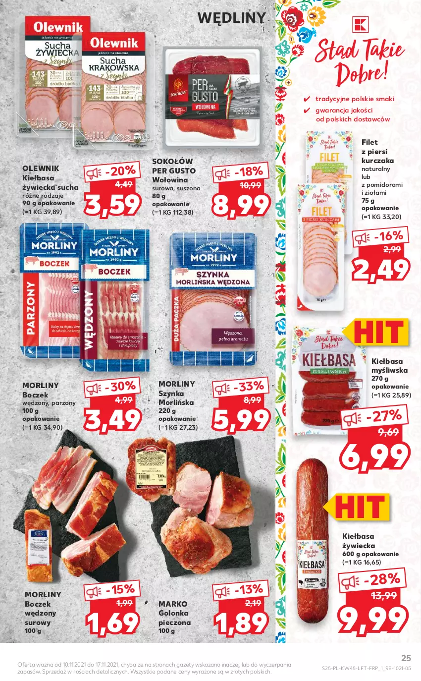 Gazetka promocyjna Kaufland - OFERTA TYGODNIA - ważna 10.11 do 17.11.2021 - strona 25 - produkty: Boczek, Filet z piersi kurczaka, Golonka pieczona, Kiełbasa, Kurczak, Morliny, Olewnik, Piec, Sok, Sokołów, Szynka, Wołowina