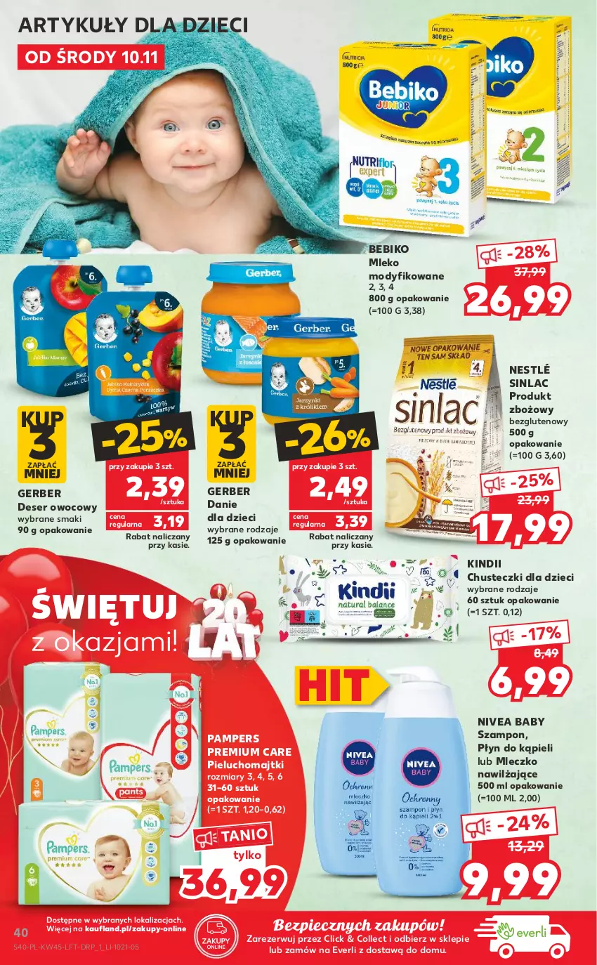 Gazetka promocyjna Kaufland - OFERTA TYGODNIA - ważna 10.11 do 17.11.2021 - strona 40 - produkty: Bebiko, Chusteczki, Danie dla dzieci, Deser, Deser owocowy, Dzieci, Gerber, Kindii, Majtki, Mleczko, Mleko, Mleko modyfikowane, Nestlé, Nivea, Nivea Baby, Pampers, Piec, Pieluchomajtki, Płyn do kąpieli, Ser, Sinlac, Szampon