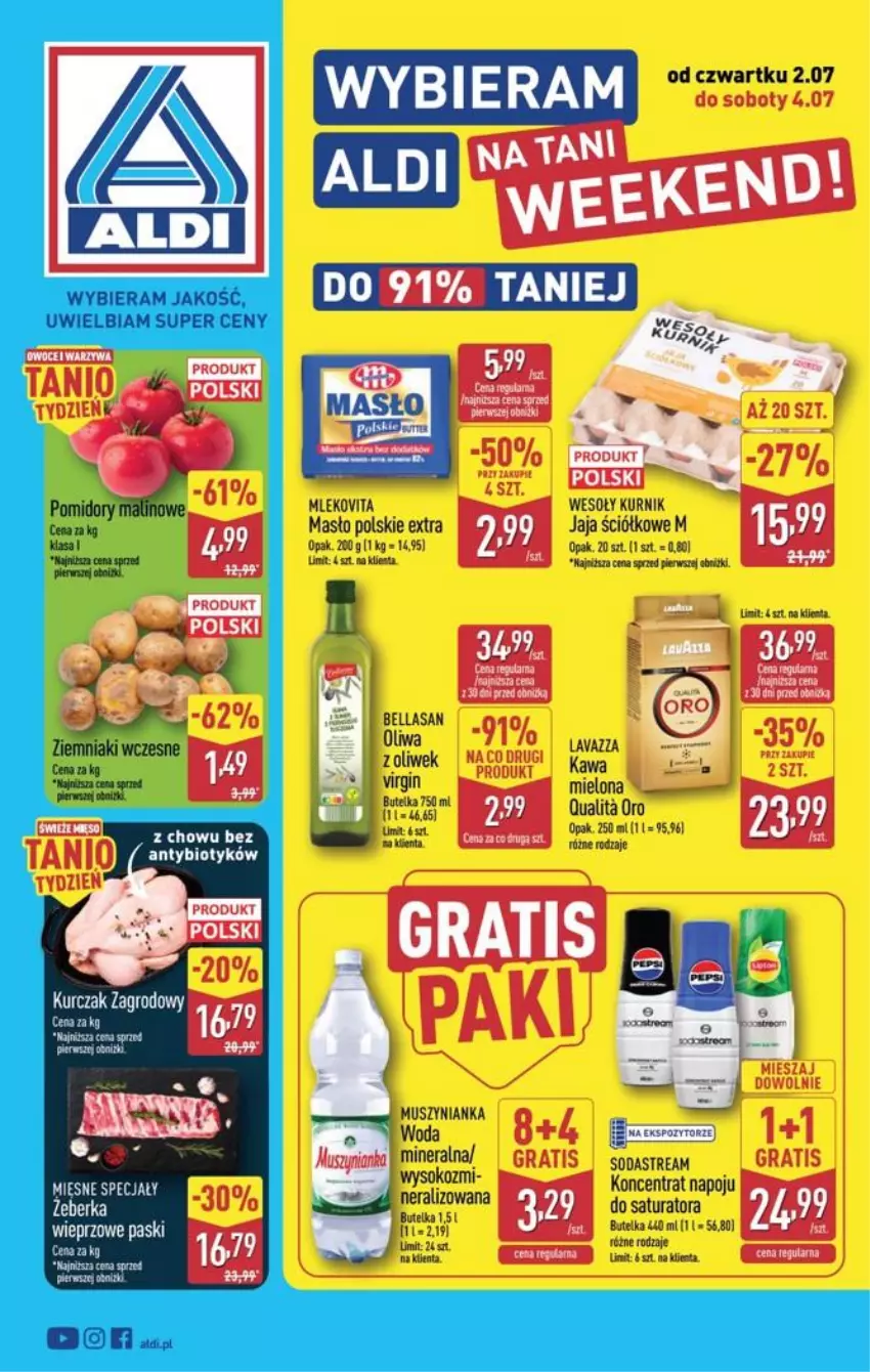 Gazetka promocyjna Aldi - Oferta weekendowa - ważna 02.07 do 04.07.2026 - strona 1 - produkty: Bell, Bella, Fa, Gra, Jaja, Kawa, Kurczak, Masło, Mięsne specjały, Mleko, Mlekovita, Mus, Muszynianka, Sejf, Sok, Woda