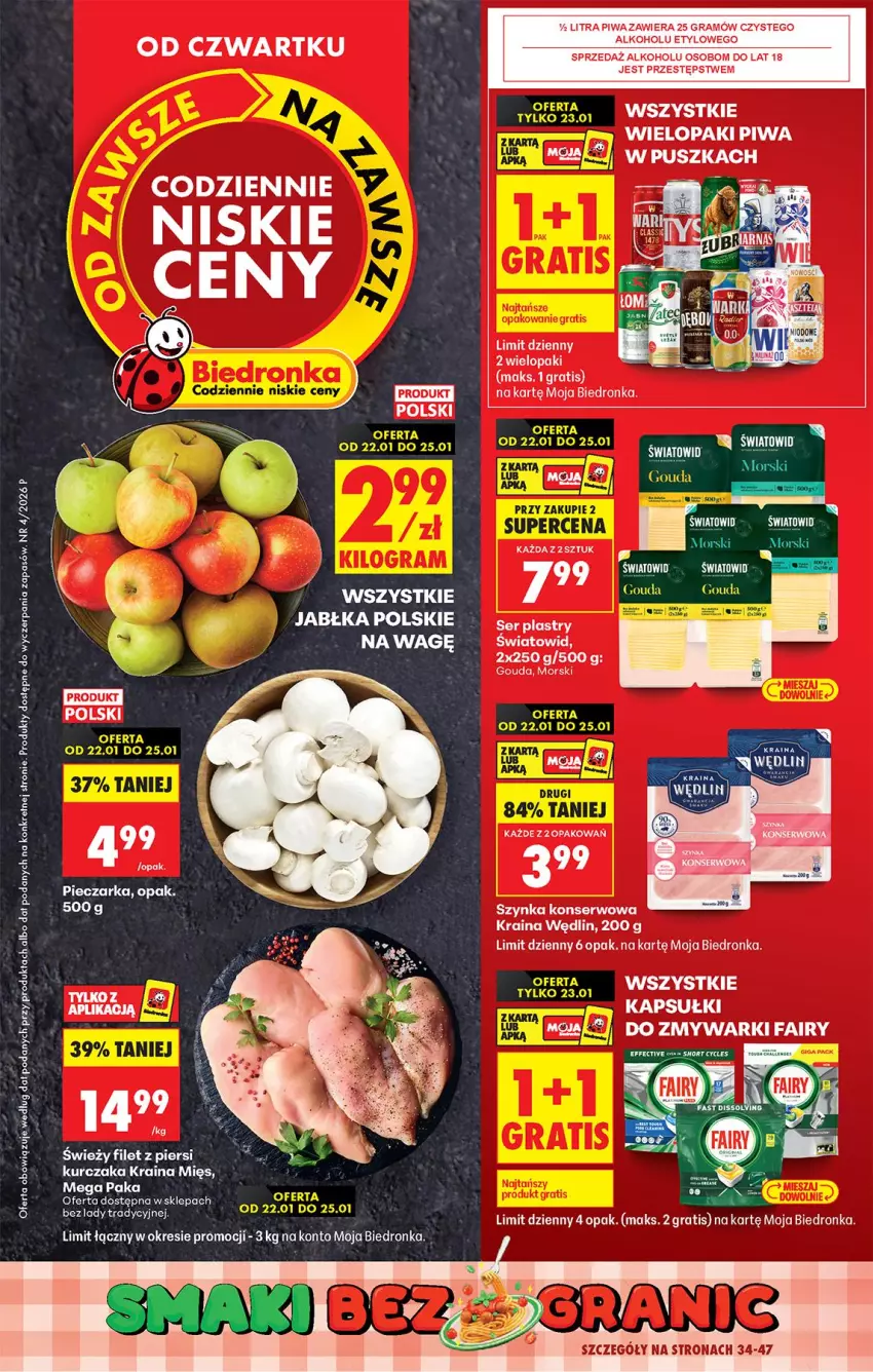 Gazetka promocyjna Biedronka - Gazetka - ważna 22.01 do 29.01.2026 - strona 1 - produkty: Fa, Fairy, Gouda, Gra, Kurczak, Piec, Pieczarka, Piwa, Ser, Szynka, Szynka konserwowa