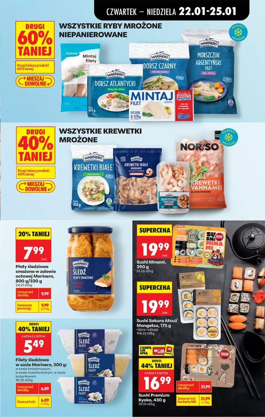 Gazetka promocyjna Biedronka - Gazetka - ważna 22.01 do 29.01.2026 - strona 36 - produkty: Dorsz, Krewetki, Mus, Płaty śledziowe, Sos, Sushi