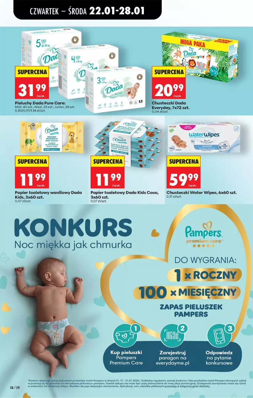Gazetka promocyjna Biedronka - Gazetka - ważna 22.01 do 29.01.2026 - strona 65 - produkty: Chusteczki, Dada, Fa, Gra, Pampers, Papier, Papier toaletowy, Pieluchy, Pur