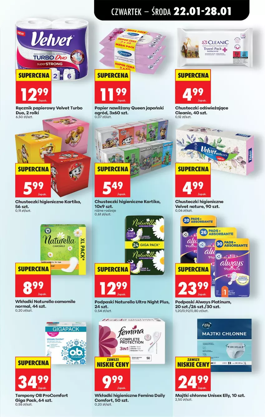 Gazetka promocyjna Biedronka - Gazetka - ważna 22.01 do 29.01.2026 - strona 66 - produkty: Always, Chusteczki, Cleanic, Fa, Majtki, Naturell, Naturella, Ogród, Papier, Podpaski, Ręcznik, Rolki, Tampony, Velvet, Wkładki