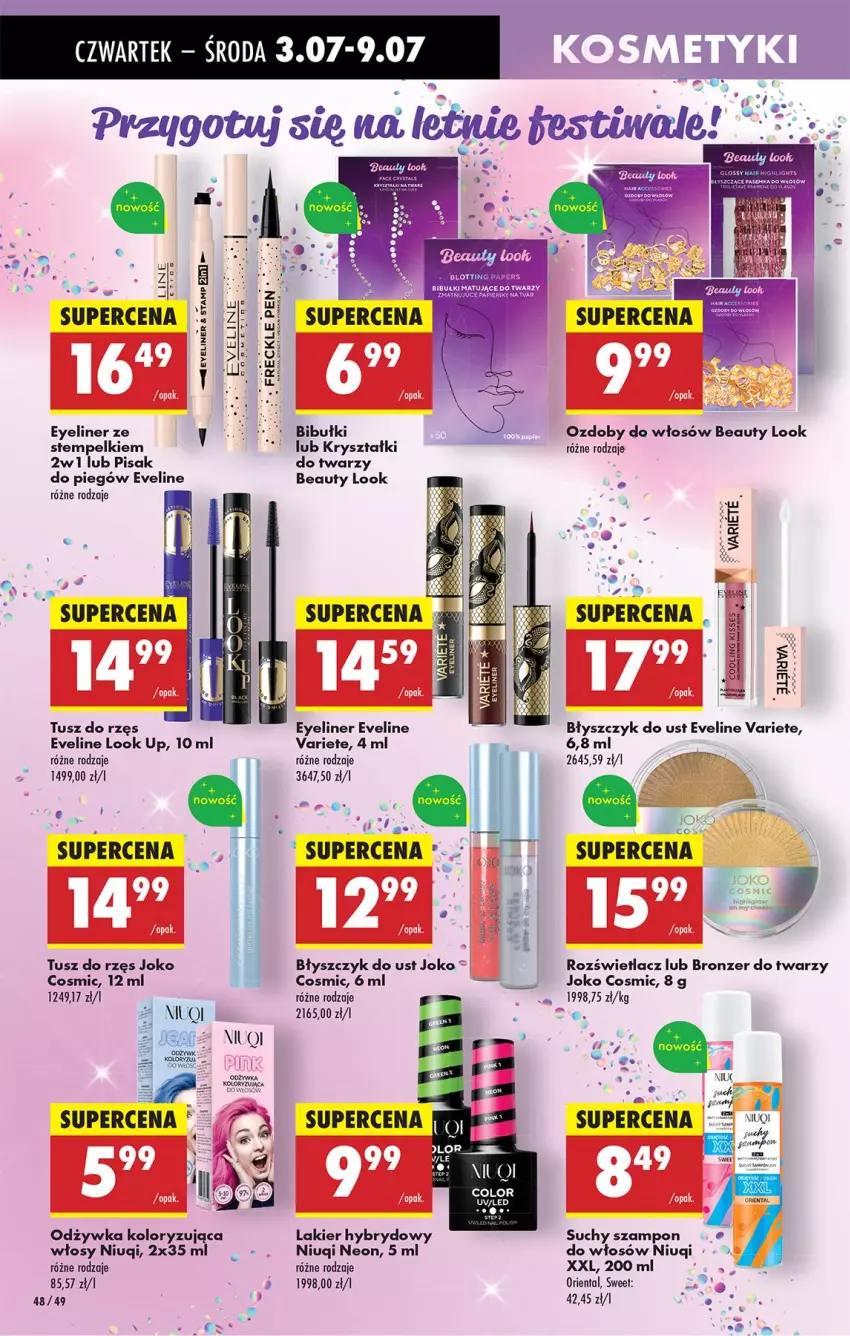 Gazetka promocyjna Biedronka - Od Czwartku - ważna 03.07 do 09.07.2025 - strona 54 - produkty: Bibułki, Błyszczyk do ust, Bronzer, Eveline, Lakier, Lakier hybrydowy, Niuqi, Odżywka, Rozświetlacz, Suchy szampon, Szampon, Tusz